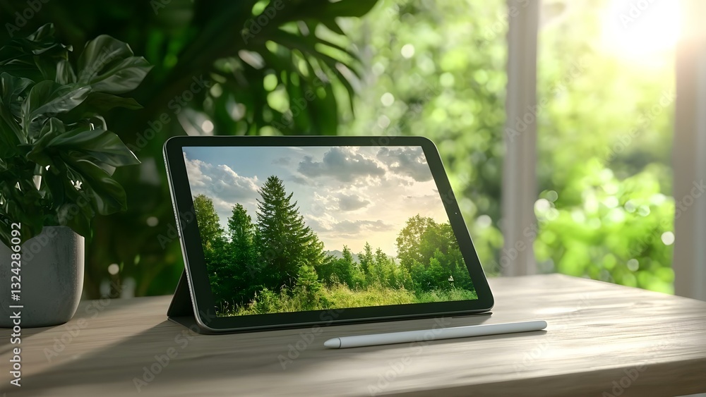 Poster a tablet displaying a serene nature scene with trees and a cloudy sky, resting on a wooden table bes