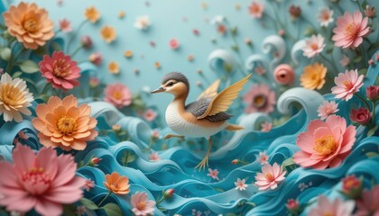 Obraz premium A Paper Art Bird Soaring Above Ocean Waves and Colorful Flowers A Serene Nature Scene