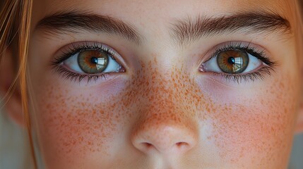 Fototapeta premium Healthy vision and curiosity are reflected in a close up of captivating brown eyes highlighting iris, pupil, and freckled skin details.