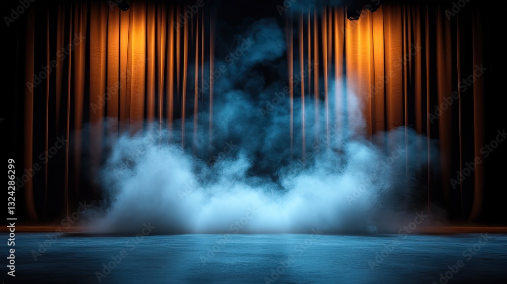 Aufkleber a dramatic stage scene with billowing smoke and illuminated curtains, creating a captivating atmosph