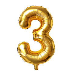 a gold foil number three balloon suitable for celebrations or decorations. against a transparent background, cut out, PNG 3D Digital Art, clip art.
