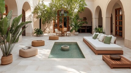 Fototapeta premium Elegant moroccan riad patio featuring a refreshing pool surrounded by beautiful architecture and inviting outdoor space