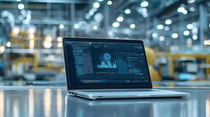 Fototapeta premium Modern Laptop Displaying Industrial Automation Software Dashboard In A High Tech Manufacturing Factory Setting With Blurred Background
