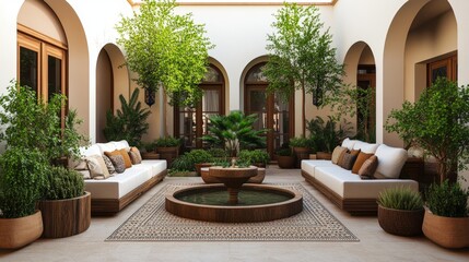 Cozy moroccan riad courtyard with a beautiful fountain and comfortable couches inviting guests for relaxation and leisure