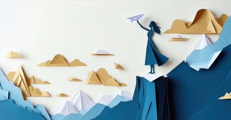 Paper cutout of woman standing at edge of paper cliff holding folded paper airplane deep navy and soft gold symbolizing taking risks