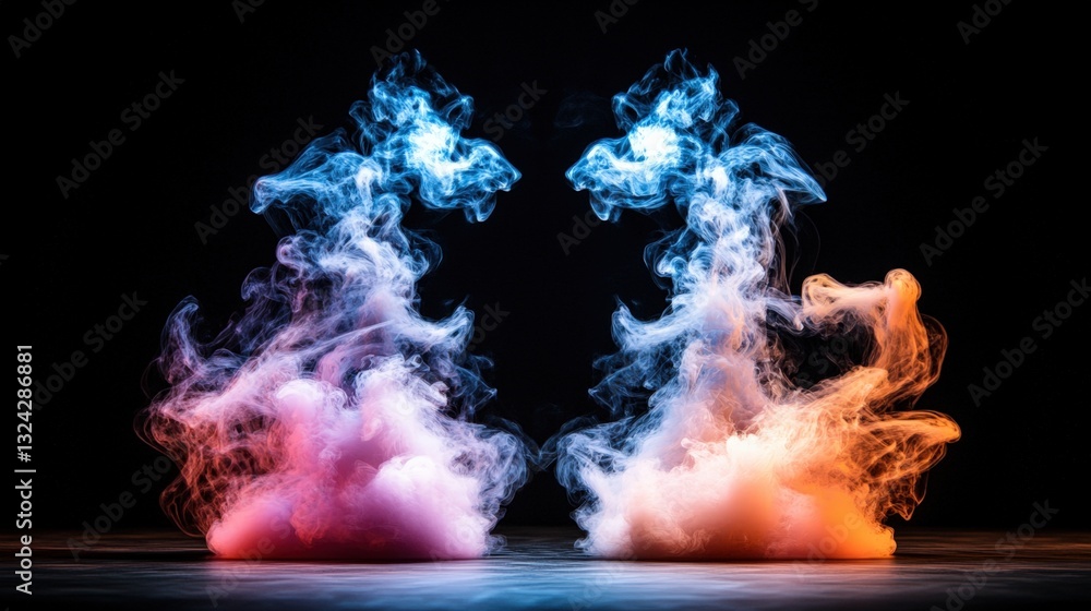 Poster two distinct smoke clouds dancing on a black background creating a stunning visual contrast of color