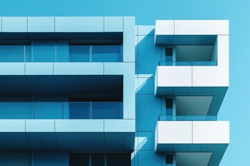 Modern architecture showing balconies and geometric shapes with blue sky