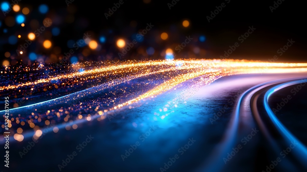 Poster glowing curved light trails with sparkling particles against dark background create dynamic motion e