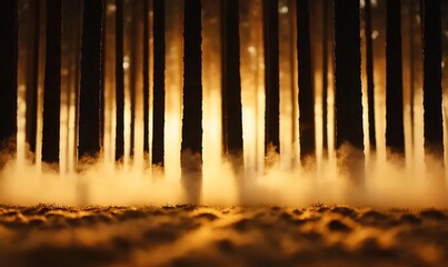 Golden sunset through misty forest trees.