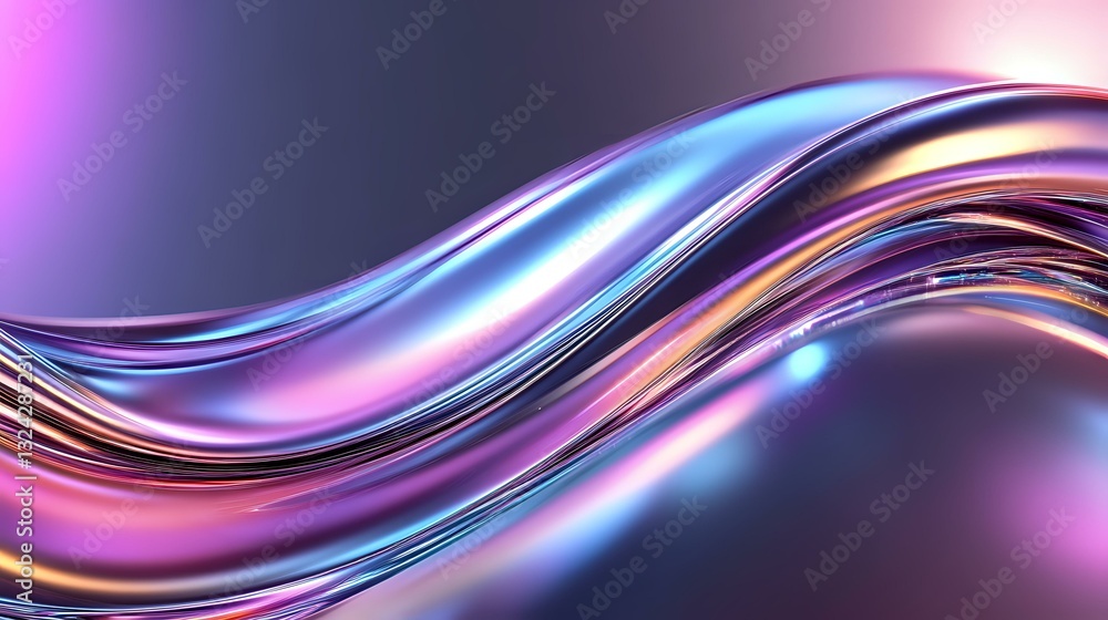 Poster flowing iridescent waves with holographic effect in pink, purple and blue colors create dynamic abst
