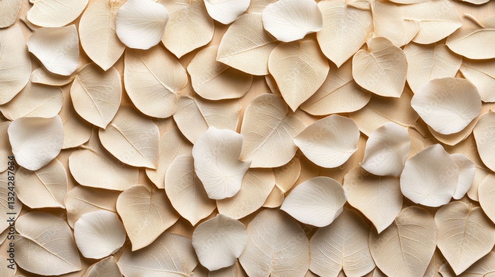 Poster abstract wall of white leaves creating a unique natural pattern in a soft beige background evoking s