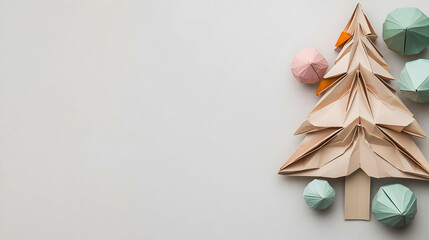 Minimalist Paper Christmas Tree With Pastel Colored Decorative Spheres Against White Background