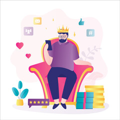 Successful businessman or manager is sitting on throne like king with crown on head. Confident man or influencer sitting on chair with smartphone and heap of money