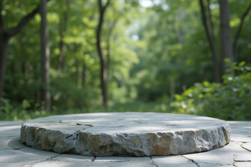 A stone table in a forest, the table is made of gray stone and has a rough surface, the background is a blur of green trees