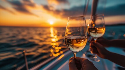 Obraz premium Sunset celebration with wine on a sailboat, enjoying the glowing horizon over the tranquil sea during an evening sail adventure