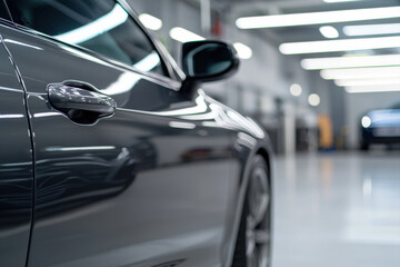 Fototapeta premium Close-up view of a sleek car exterior reflecting modern garage lights.