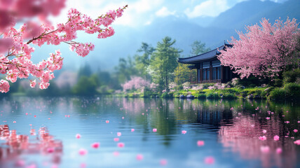 Blooming cherry branches in spring. Flower petals floating on calm water surface. Japanese or chinese style buildinh in the background.
