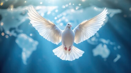 White dove soaring over a world map background with bright rays of light illuminating its wings and the globe beneath