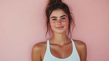 Fototapeta premium Beautiful young woman with freckles smiling on pink background