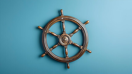 Obraz premium Vintage Wooden Ship Wheel On A Teal Blue Background With Detailed Wood Grain And Spokes For Nautical Theme