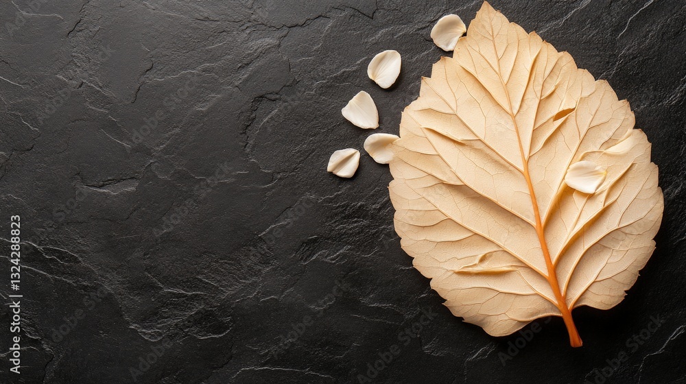 Poster a leaf and a piece of paper displayed together creating a neutral color aesthetic with natural textu