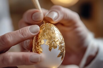 A hand artistically applies gold leaf to a decorative egg, depicting the skillful artistry and attention to detail that goes into creating unique ornamental pieces.