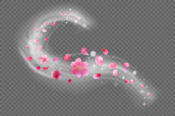 Vector illustration of a magical swirl of sakura petals with a soft glow effect. Pink cherry blossom petals float gracefully in the air, creating a dreamy and elegant atmosphere. Isolated on a