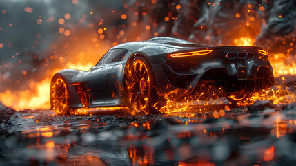 A sleek sports car racing through a fiery landscape, with molten lava and smoke in the background