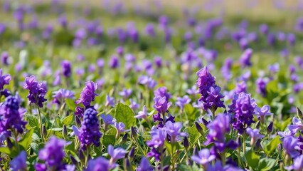 Fototapeta premium A field of purple violets swaying gently in the breeze, purple violets, landscape
