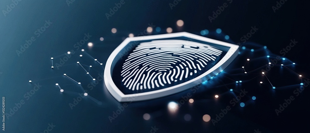 Poster a secure shield featuring a fingerprint design, symbolizing digital security and identity protection
