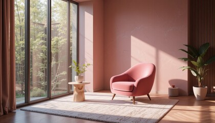 Serene Pink Room Interior Design with Modern Armchair and Sunlight Streaming Through Window