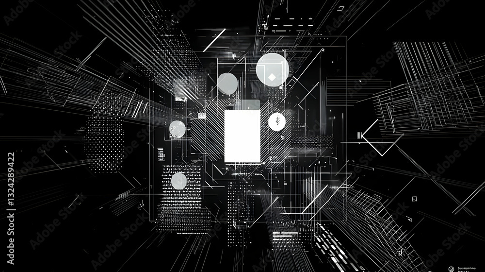 Poster complex white and black abstract digital design with geometric lines and shapes highlighting technol