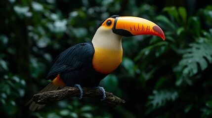 Obraz premium Toucan perched rainforest branch, lush foliage