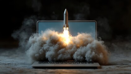 Rocket launching from a laptop representing startup business innovation technology growth digital transformation and success in modern online ventures concept