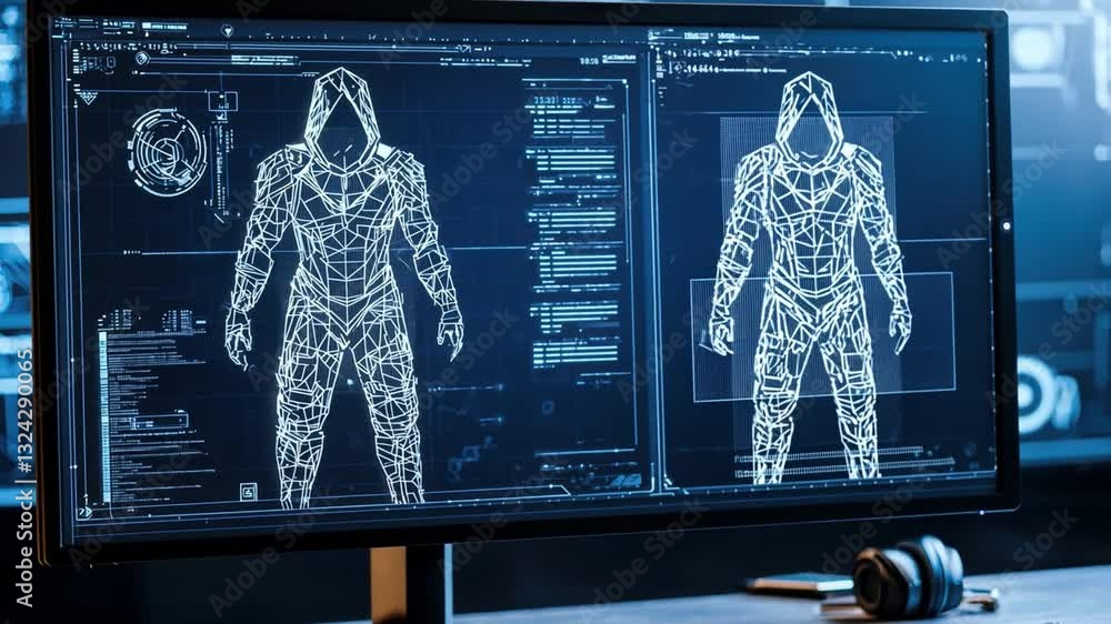 Poster futuristic digital interface displaying wireframe models of a full-body suit with data and technical