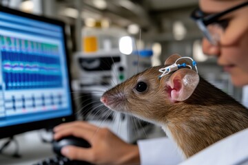The focus is on a rat with high-tech equipment on its head while a researcher works on a computer, highlighting the intersection of animal behavior and technology in research.