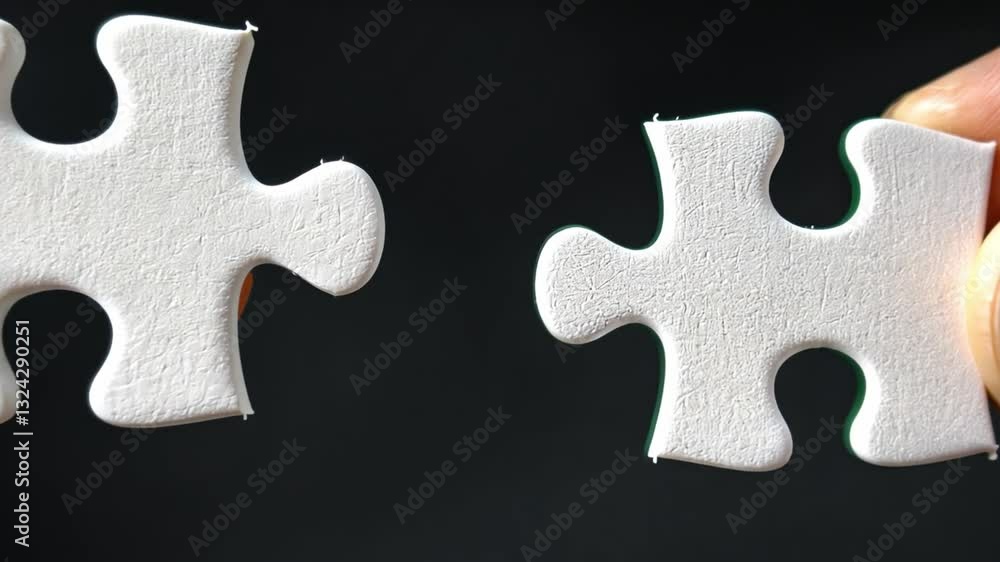 Poster two hands holding two puzzle pieces about to connect with a black background in a conceptual represe