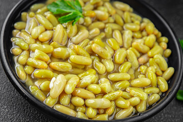 Beans flageolet green bean fresh gourmet food background on the table rustic food top view copy space vegetarian and vegan food