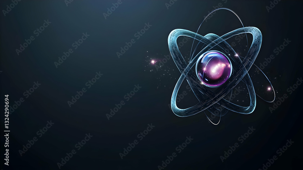 Aufkleber glowing blue atom structure against dark background for science and technology concepts