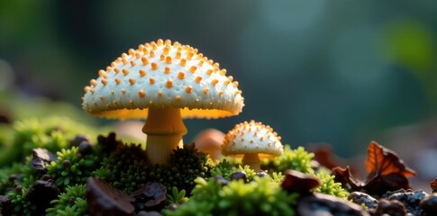 Brightly colored white spores bursting from a cap, biology, mycelium