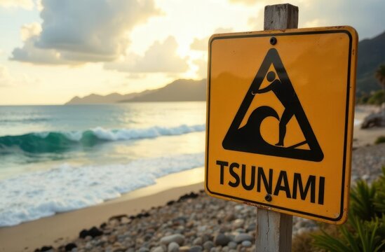 Warning sign indicating tsunami risk near coastal beach at sunset