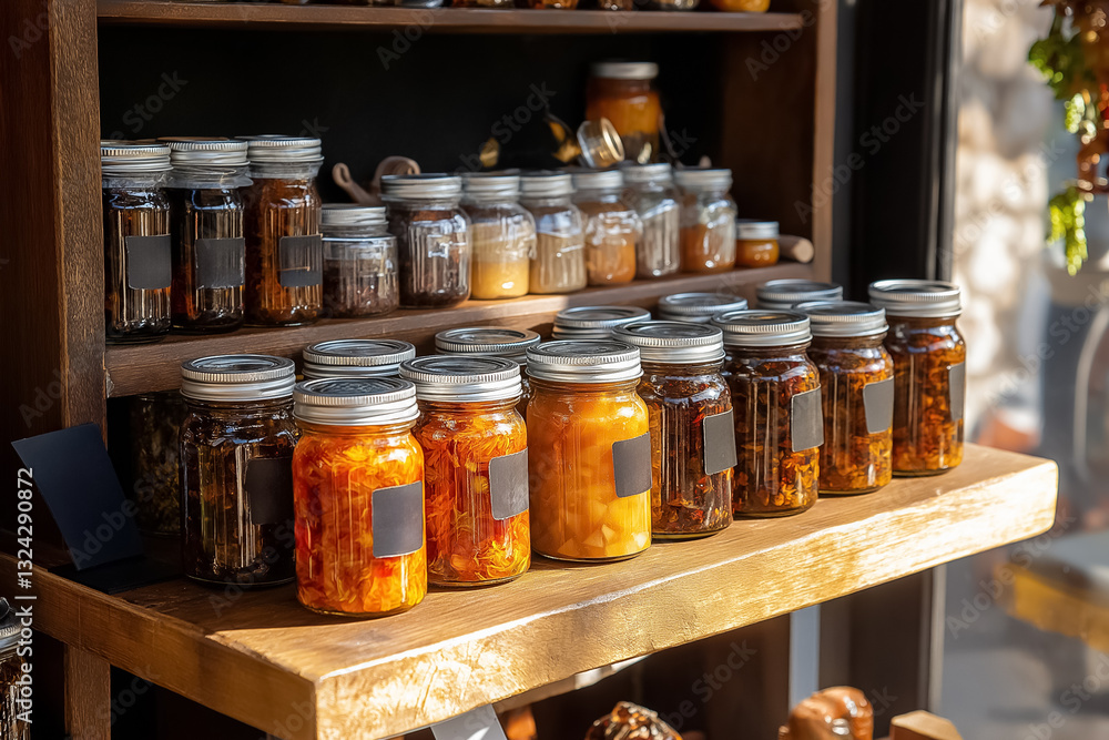 Poster shelves are filled with an array of colorful jars containing preserved foods like pickles and fruits