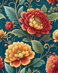 Colorful, detailed flowers in a seamless pattern, perfect for home textiles and clothing design
