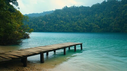 "Serene Wooden Dock Overlooking Turquoise Jungle River"