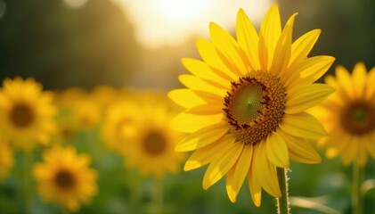 Obraz premium Bright yellow petals unfold in morning sunlight, sunflowers, garden