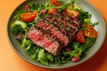 Juicy steak served with fresh tomato salad on a white plate, adding color and vibrancy to the meal.