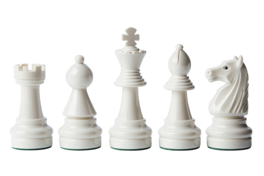 Intricate details of five white chess pieces lined up elegantly on a bright surface isolated on transparent background