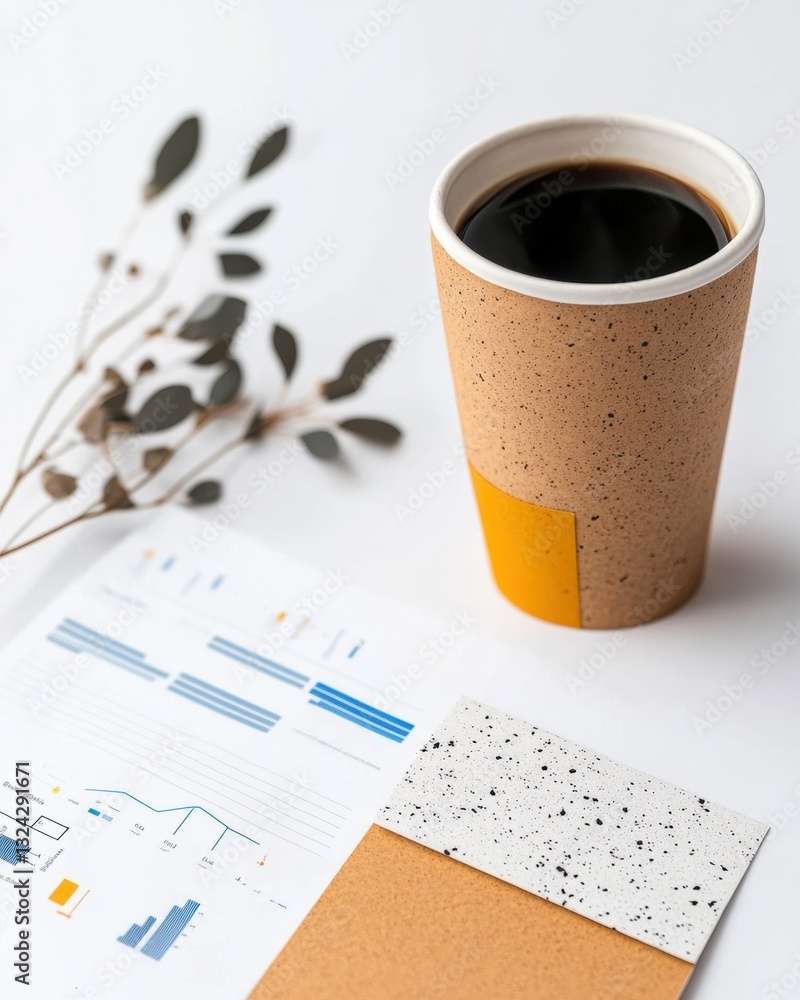 Poster minimalist workspace essentials eco-friendly coffee cup and data visualization in modern sustainable