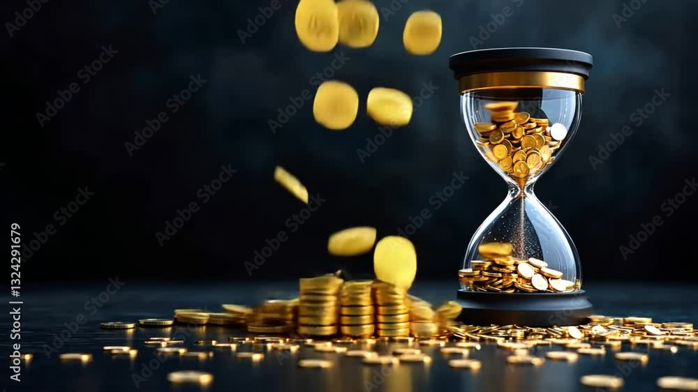 Poster hourglass with falling coins, symbolizing the passage of time and wealth accumulation in a dynamic v