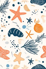 Vertical Seashells and starfish, ocean-inspired hand-drawn seamless pattern.